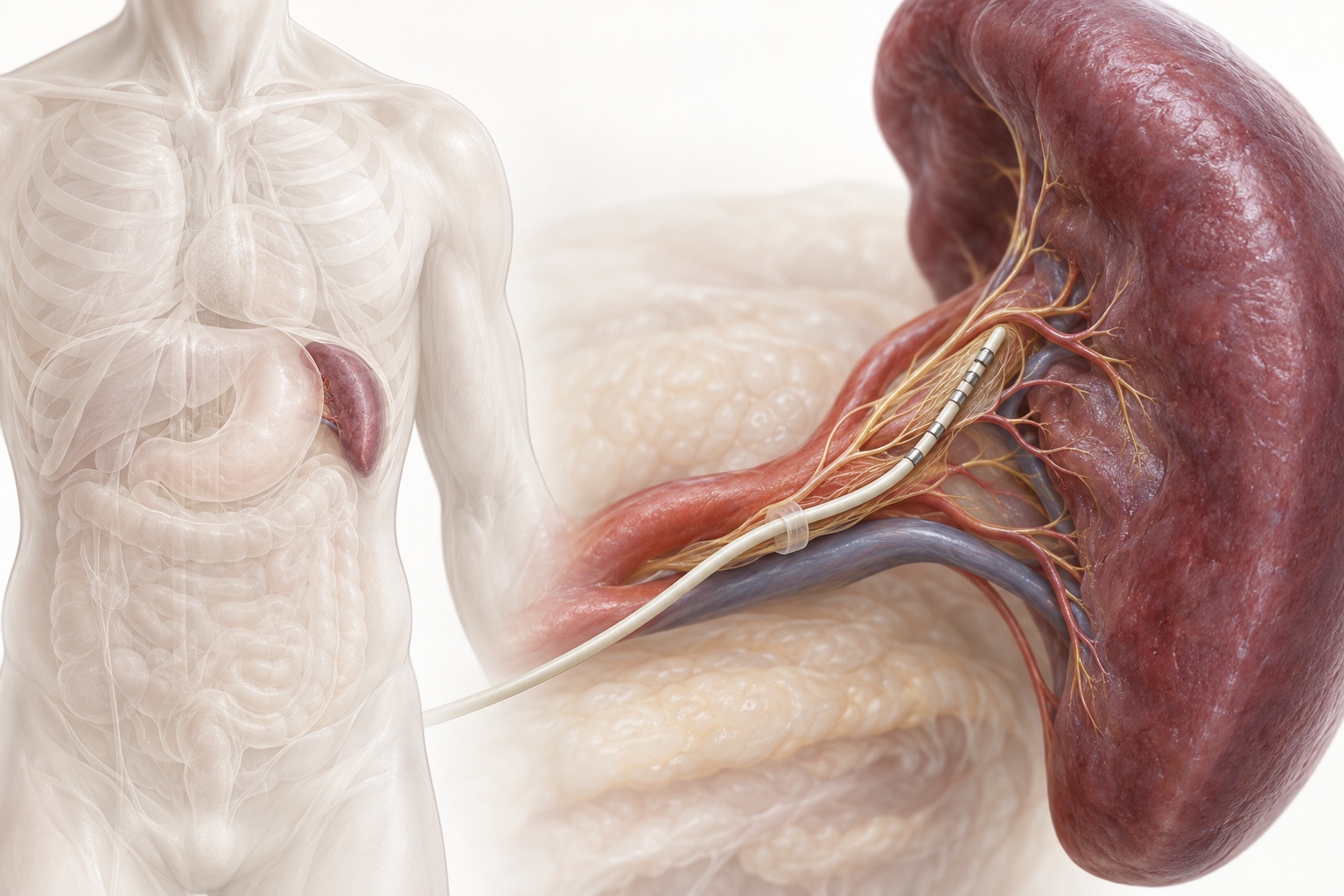 Concept rendering showing an electrode interface alongside the splenic nerve plexus, with an anatomical view of the spleen